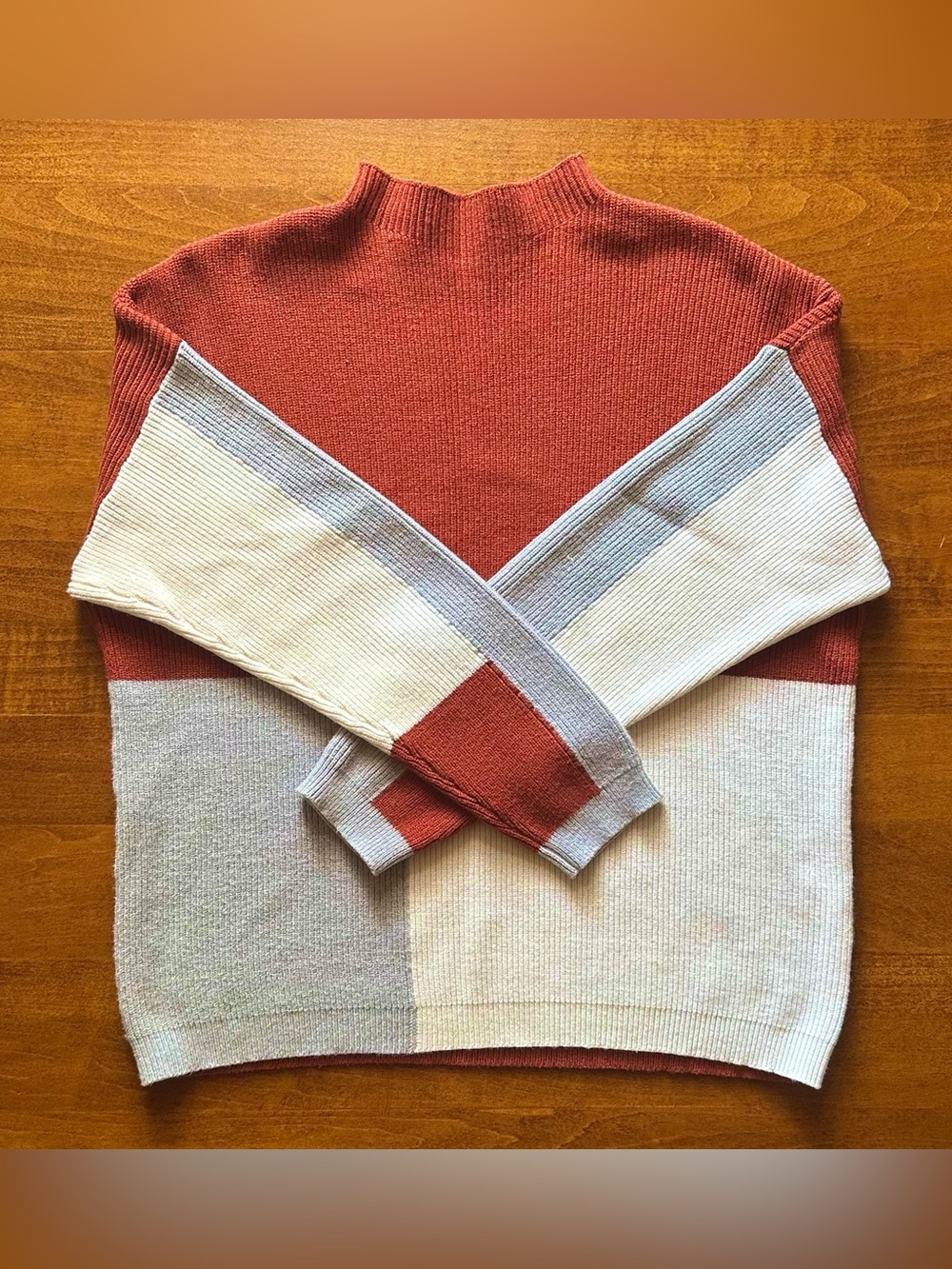Roolee•colorblock mock-neck sweater•large•viscose blend•rust orange/cream/gray